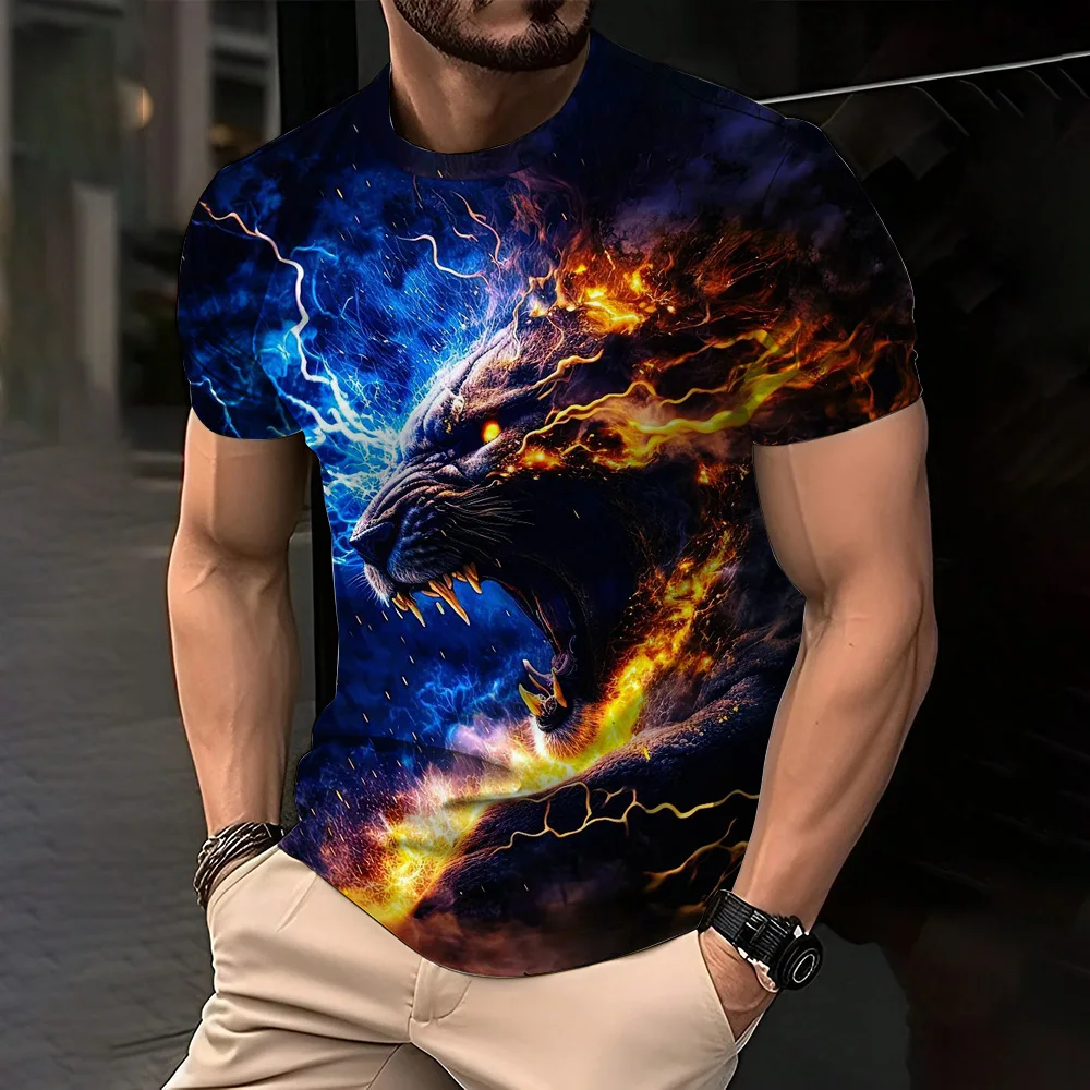 

Модная одежда с короткими рукавами и графическим принтом льва, лето 2024, футболка с круглым вырезом и 3D принтом животных, мужские дышащие футболки большого размера