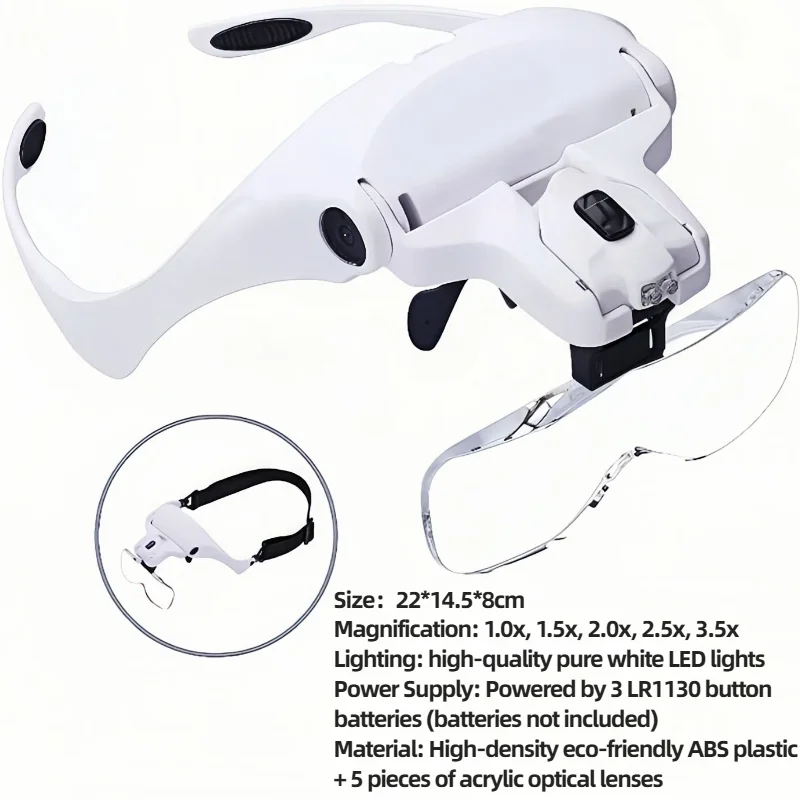 1.0X-3.5X 10X-25X Interchangeable Lens Head Magnifier Dual LED Light Loupe for Watch & Jewelry Repair Soldering Craft Reading