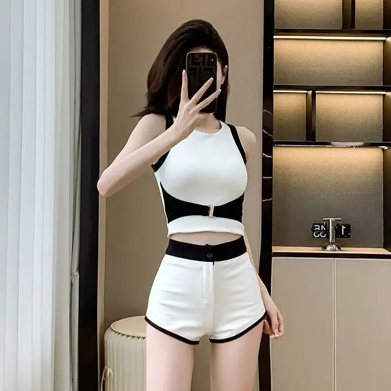 Fashion Patchwork Slim Short Sets Summer Trend Sexy Buttons High Waist Two-piece Suit Women Clothing Fashionable Elasticity