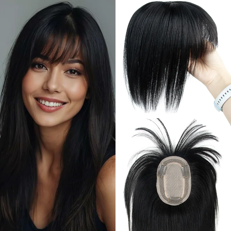 Clip in Hair Toppers Women 3D Lace with Bangs Real Human Hair Soft Texture Cover Thinning Hair 8-14 Inch adding length boosting