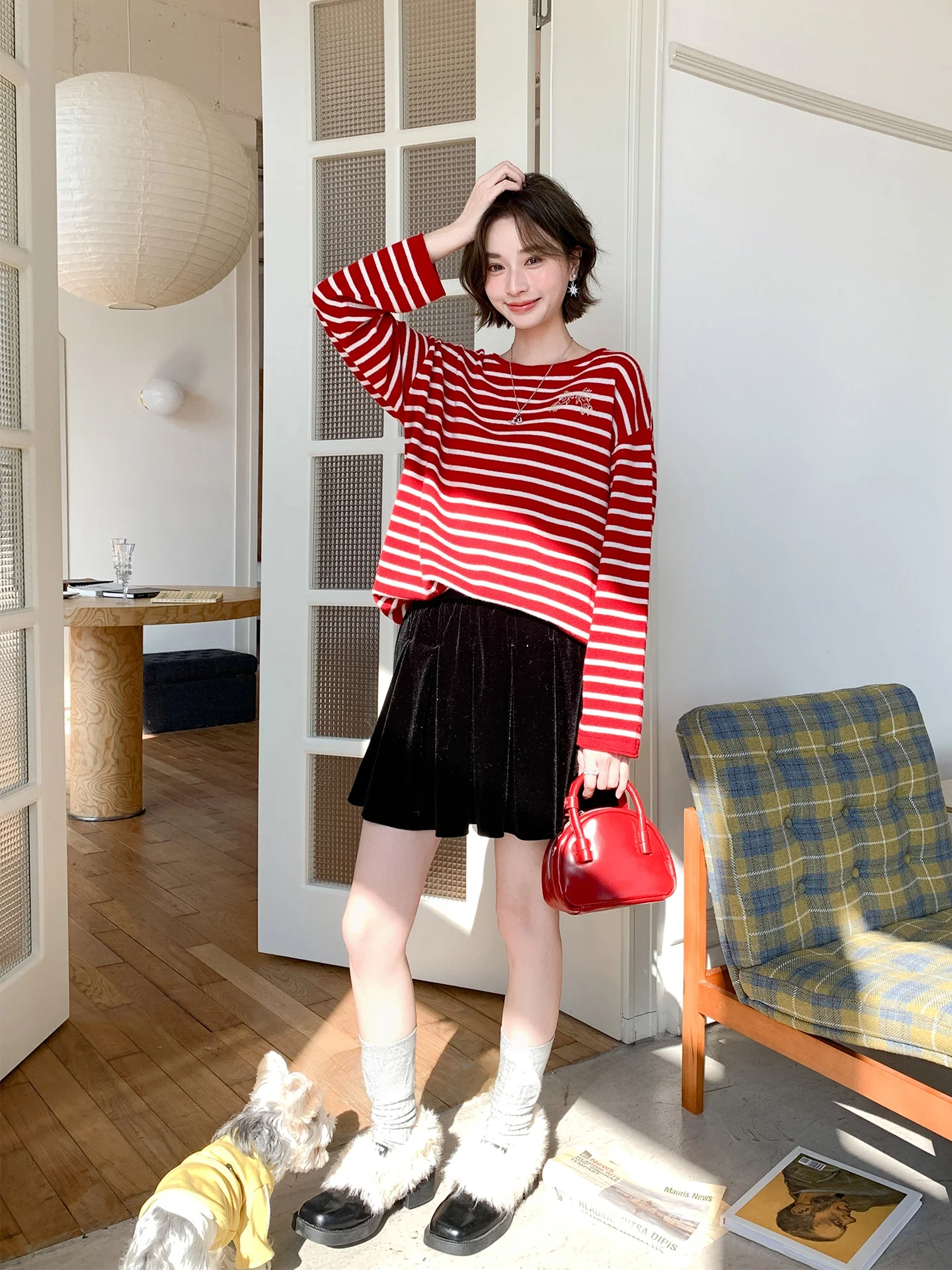 

Faionable High Waist Velvet Pleated Skirt Women's Spring Season Hand Pleated Elastic Waist Skirt Slimming Lady's Skirt Pants
