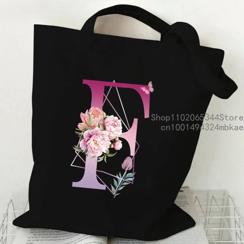 Borsa tote in tela retrò con motivo floreale viola con alfabeto Borsa shopper riutilizzabile da donna per uomo Borse a tracolla con lettera di moda