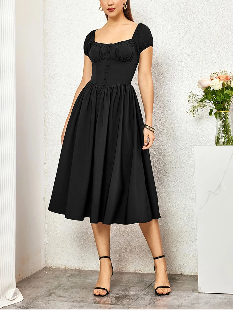 NewAsia Women\'s Short Sleeves Square Neck Midi Corset Dress Flowy Swing A line Fashion Casual Long Dresses Navy Summer