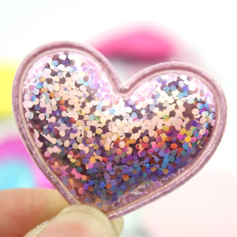 48Pcs 3.5*3.8cm Shiny PU Leather Heart Padded Appliques For Headwear Hair Clips Stick-on Accessories Baking Decoration Wholesale