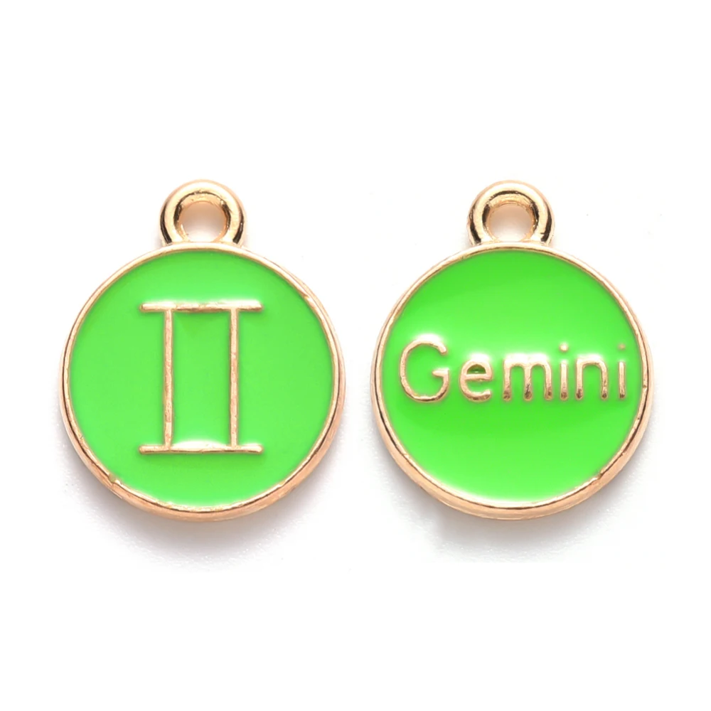 20Pcs Gemini Enamel Pendants Flat Round with Constellation Jewelry Making Charms for Women Festival Gifts Jewelry DIY Green