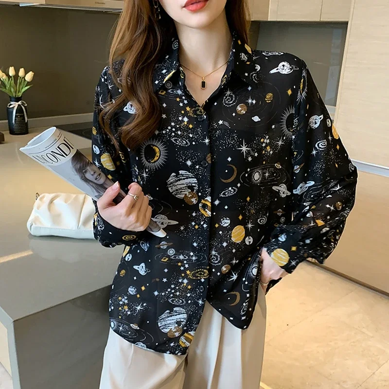 Women\'s Printed Long Sleeve Shirts Fashion Thin Satin Ladies Tops Star Sky Pattern Lolita Style Lantern Sleeve Chiffon Blouses