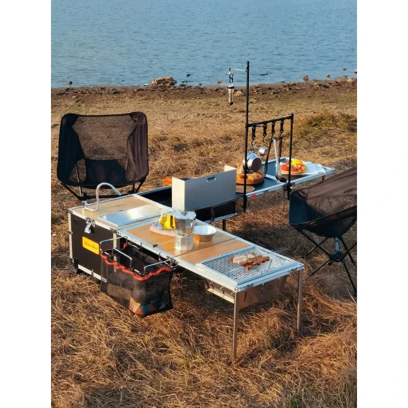 Mobile Kitchen Car Multifunction Small  Box Camping  Stove Barbecue Folding Table Portable with Wheels