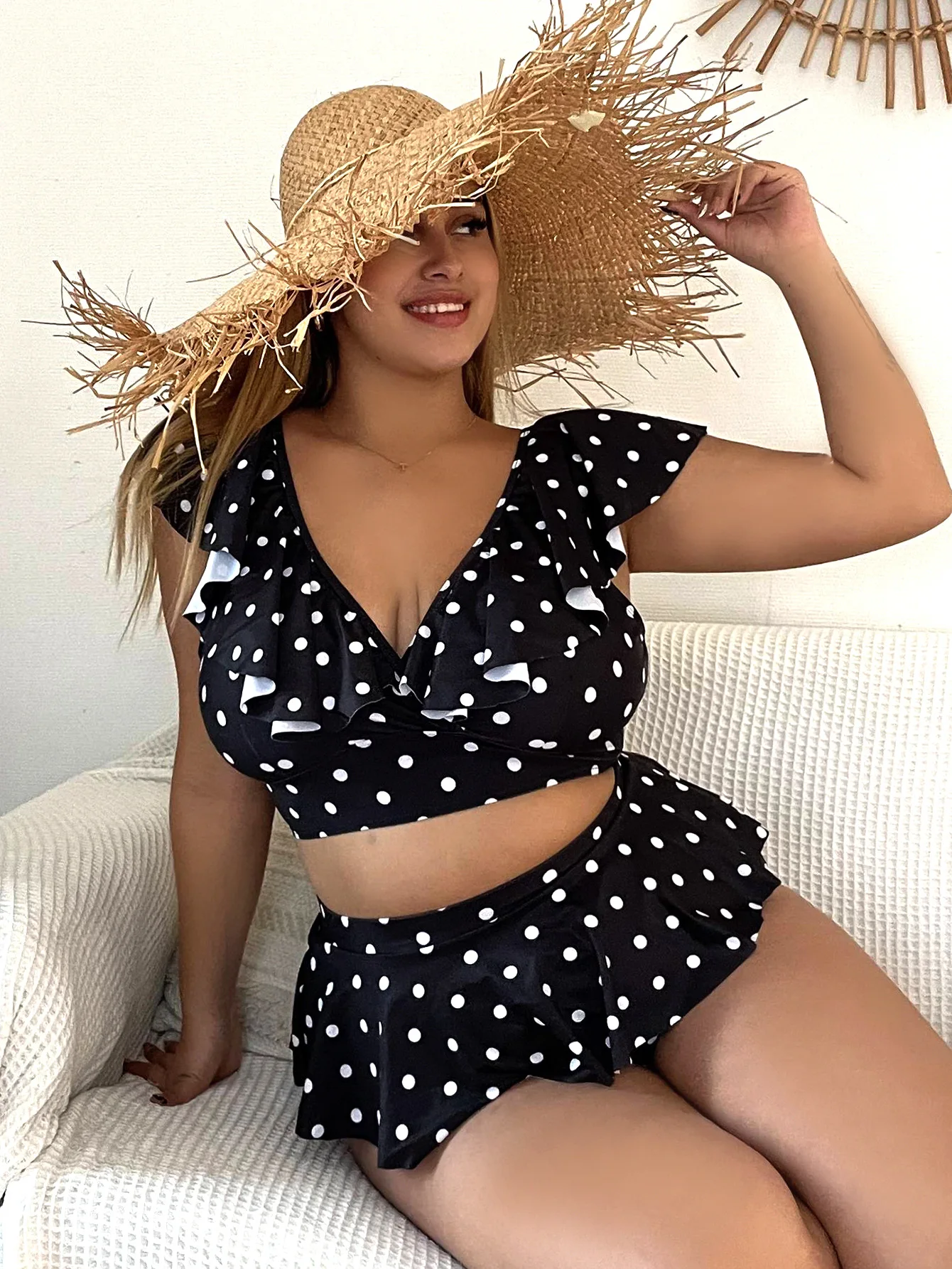 Plus Size Ruffle Dot High Waist Bikini Swimwear Women\'s Swimsuit Beachwear Bathing Suits