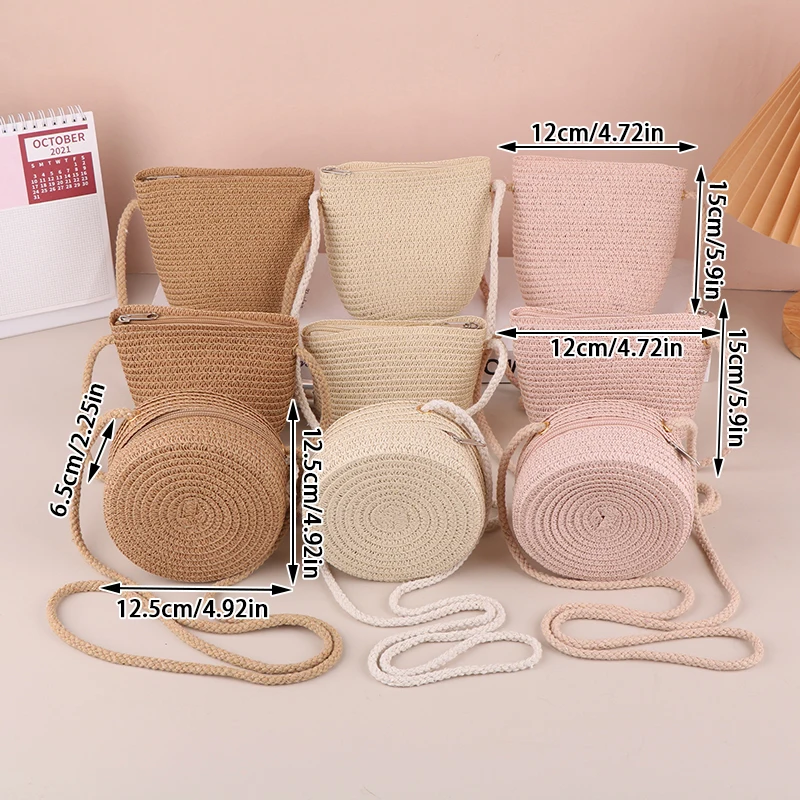 Baby Girl Fashion Casual Solid Straw Shoulder Bags Kids Children Cute Round Messenger Candy Color Small Bag Backpack Accessories