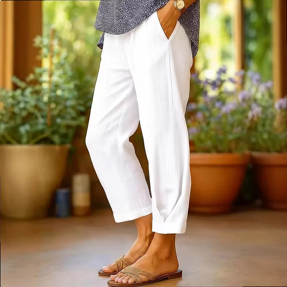 Wide Leg Linen Pants for Women Casual Loose Fit Drawstring Waist Pockets Cotton Linen Trousers Spring Summer