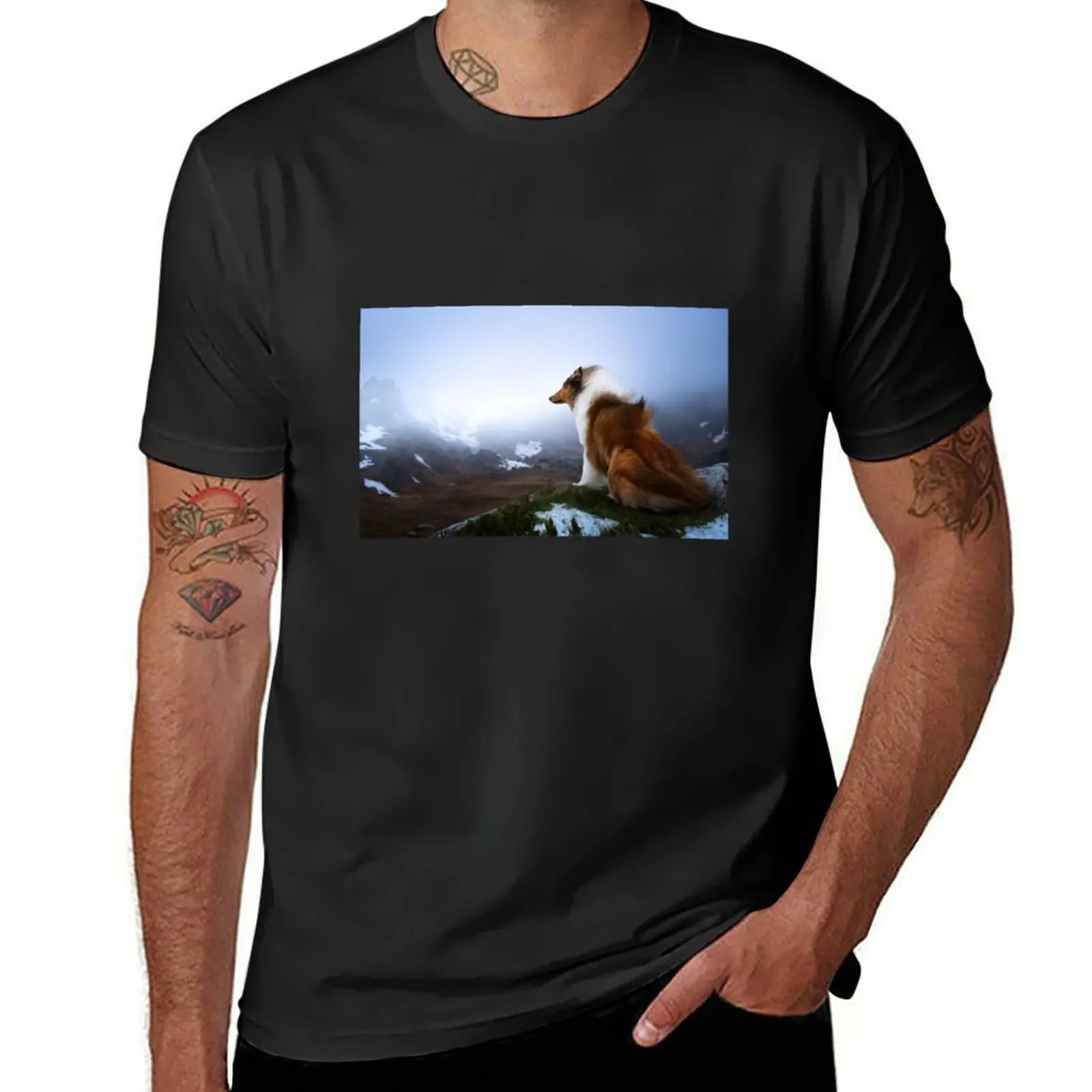 Mountain landscape rough collie dog art photography T-Shirt for a boy sweat summer tops mens t shirt graphic