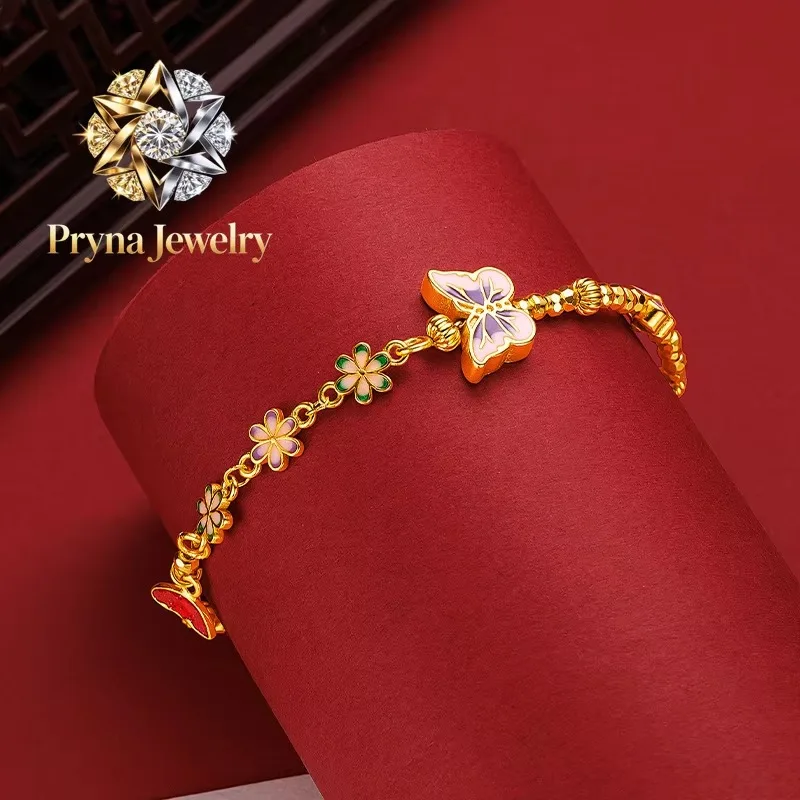 Pryna Jewelry   9999 24K genuine gold design with a fiery blue butterfly flower, light luxury and sparkling bouncing Di bead but