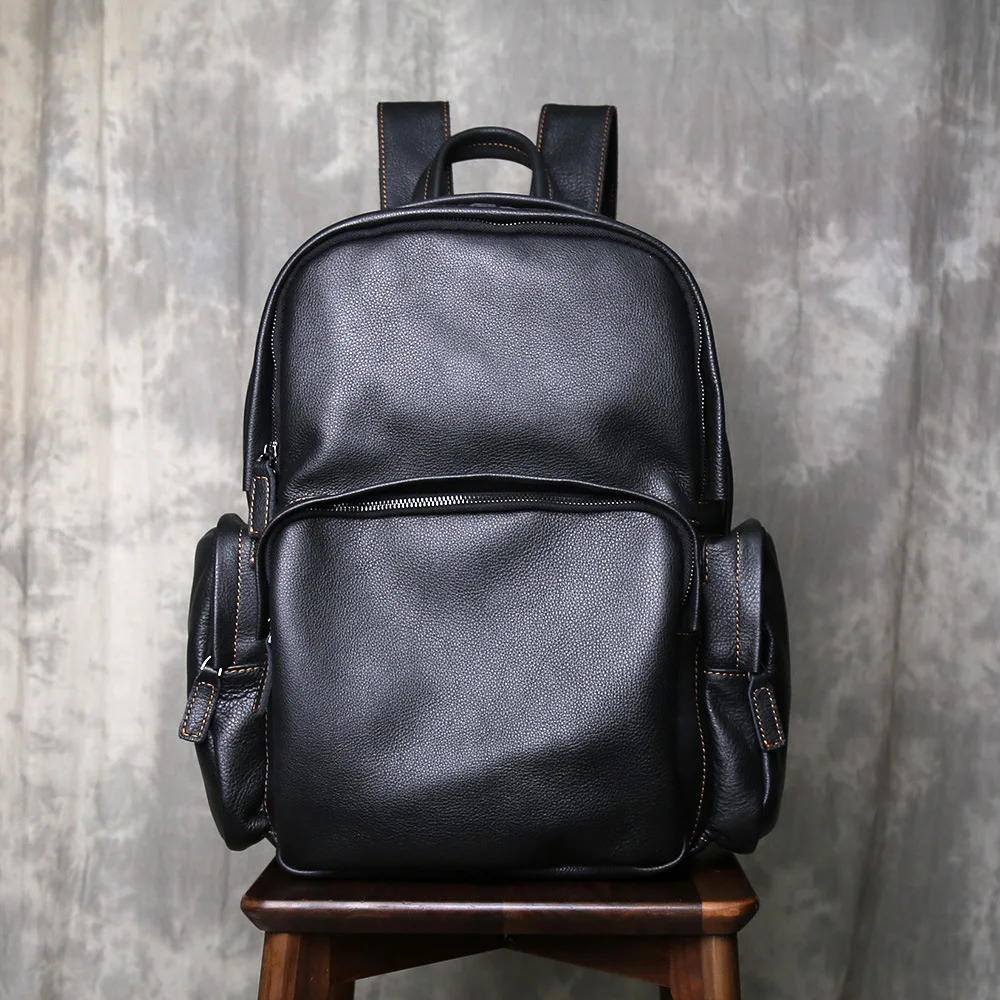 Men's Genuine Cowhide Soft Leather Backpack Large Capacity Casual Travel Laptop Bag Minimalist Double Shoulder Bag