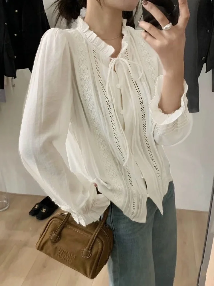 

Модная женская блузка с кружевной отделкой и пэчворком, с длинным рукавом, весна-осень, новая коллекция, универсальная модель