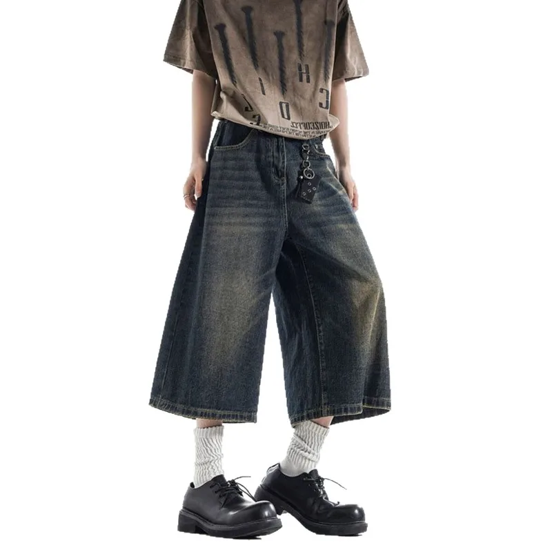 2026 Summer New Men's Casual Cropped Pants Japan Korean Fashion Harajuku Baggy Wide Leg Denim Pants Oversized Jeans Streetwear