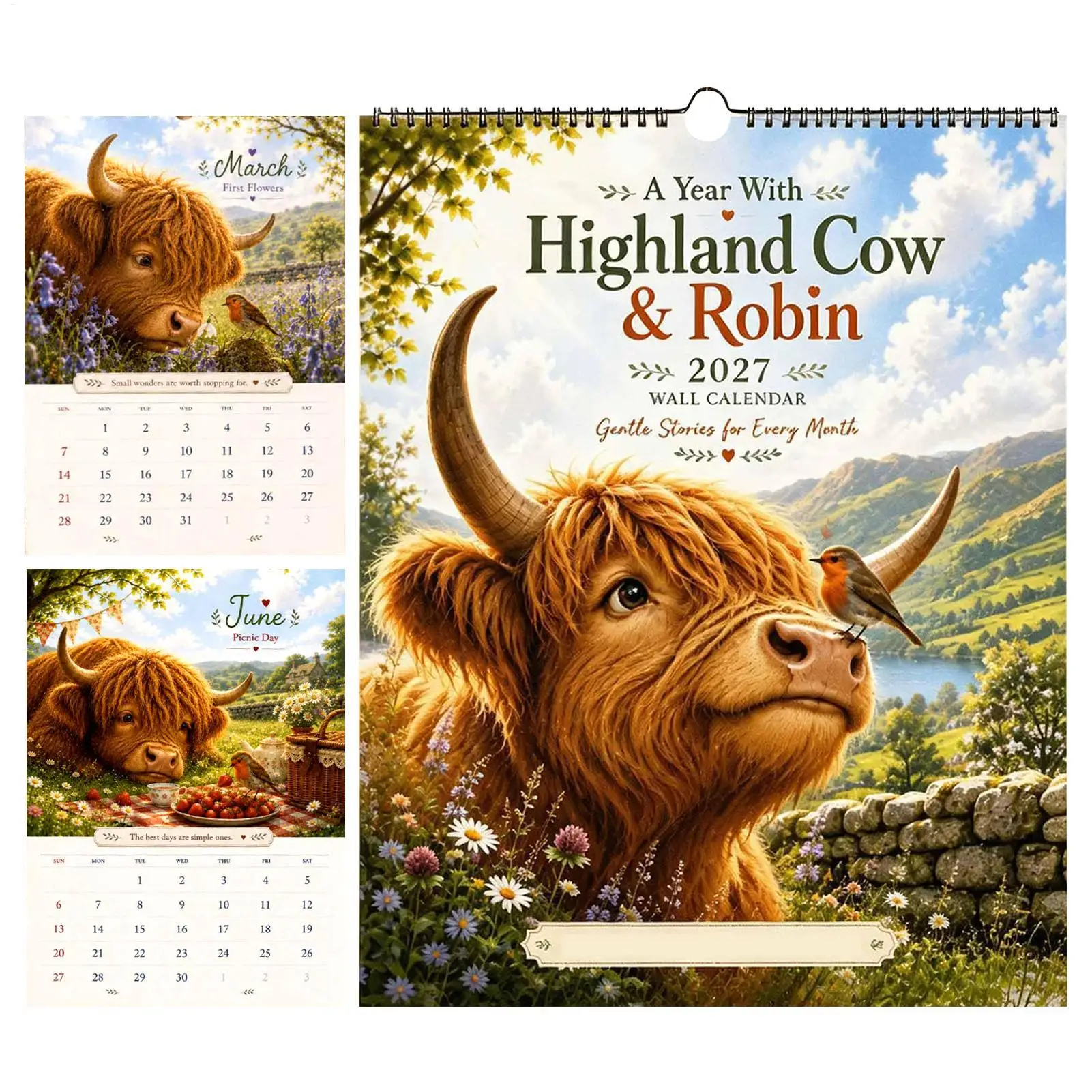 2027 Highland Cow and Mockingbird Calendar 12 Month Wall Calendar 11x8 Inch Cow Robin Thick Paper Decor Wall Calendar