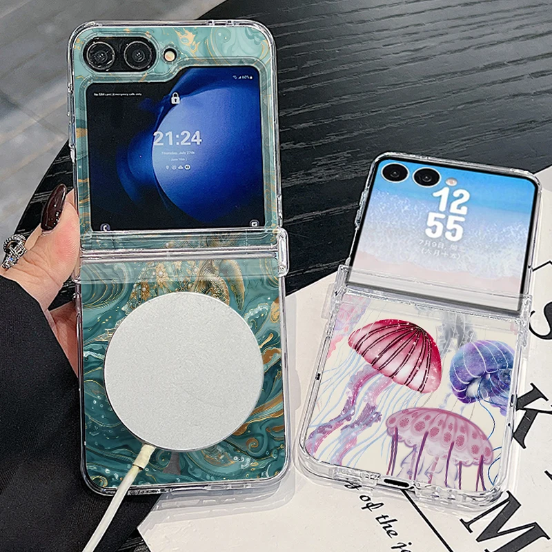 Turtle Fish Print Case For Samsung Z FlIP 7 FE 6 5 Magnetic Hinged Clear PC Folding Cover For Galaxy Z Flip7 Flip6 Flip5