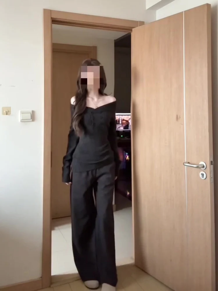 Retro Spicy oulder Bared Long Sve Knitted Sweater Slimming ey Women's Faion Autumn Top Casual Comfortable Inner Wear