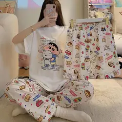 New Kawaii Cute Crayon Shin Chan Pajamas Three Piece Short Sleeve Sling Student Leisure Cartoon Anime Fashion Birthday Girl Gift