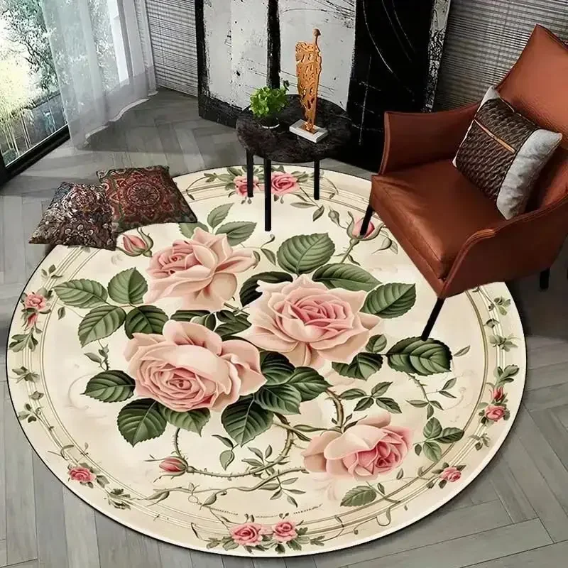 VIKAMA Home Ästhetischer runder Schlafzimmer-Nachttisch, rosa Teppich, Gästezimmer, Prinzessin, Blumen-Bodenkissen, luxuriöse Teppichdekoration für Zuhause – Detail 6