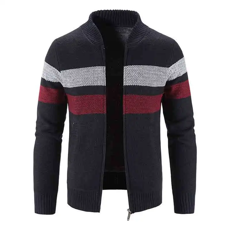 2023 Winter Heren Vest Gebreide Streeptrui Jas Met Ronde Hals Fleece Warm Gebreide Vest Truien Heren Casual Slank Vest