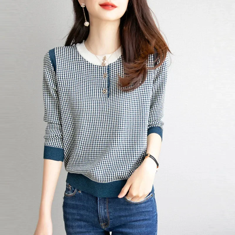 Black And White Checkered Knitted Sweater For Women's Spring Autumn 2025 New Ladies Long Sleeved Top Loose Lady Pullover