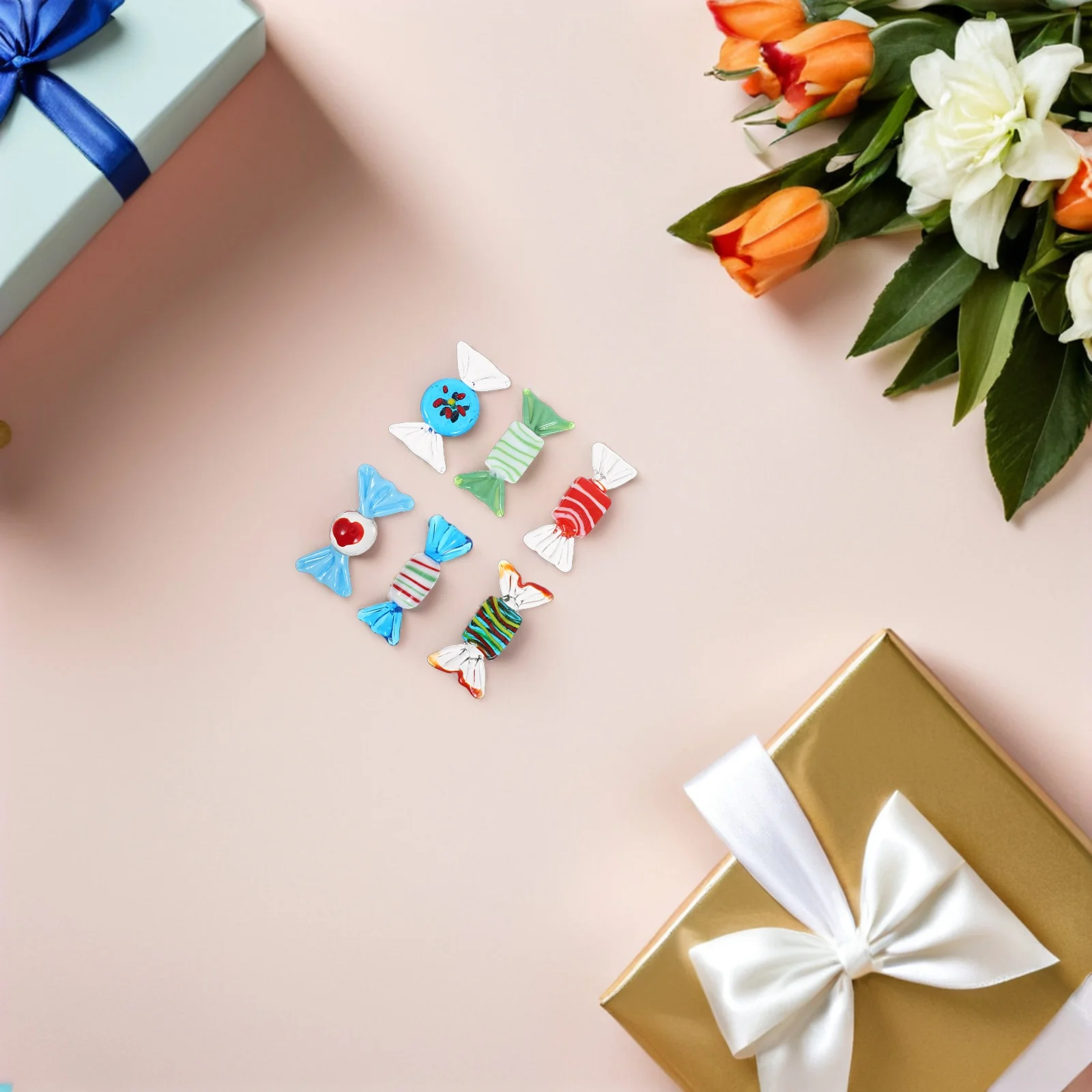 

6Pcs Faux Candy Decor Set Vibrant Glass Sweets Handcrafted Retro Ornaments for Home Event Desktop Holiday Decoration