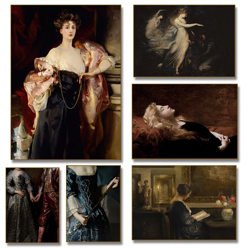 Vintage Antique Grace Posture Women Clothes Portrait Posters Canvas Printing Wall Art Pictures for Living Room Home Decor Gifts