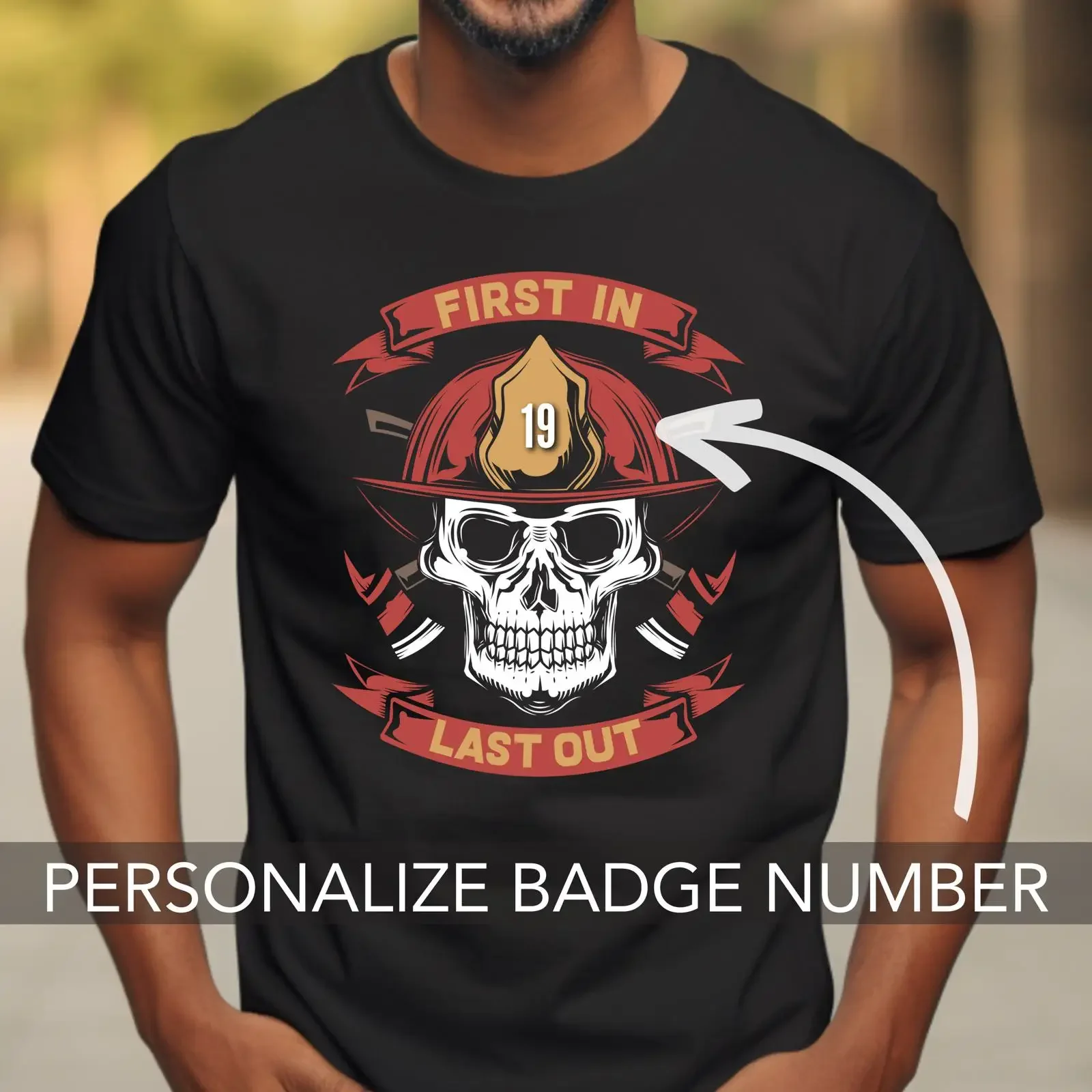 Custom Badge Number First In Last Out Firefighter Skull T Shirt Personalized Fireman for Him vintage Washed Soft Breathable