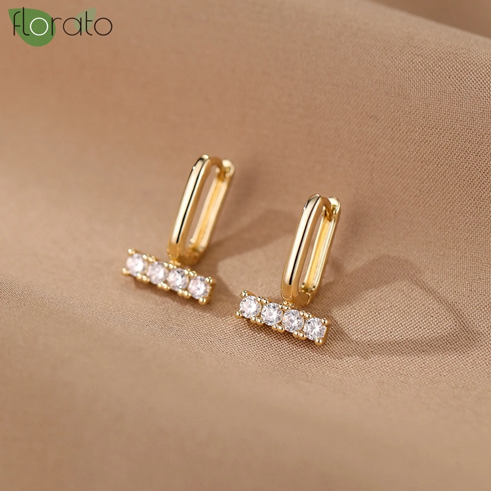 925 Sterling Silver Needle Fashion Horizontal Rectangular Zircon Earrings 2024 New Small Hoop Earrings for Women Luxury Jewelry