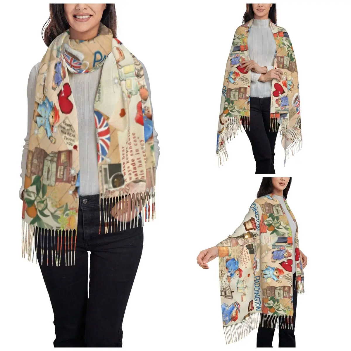 Womens Tassel Scarf Britain Paddington Brown Bear Long Soft Warm Shawl and Wrap Cute Movie Cartoon Daily Wear Cashmere Scarf