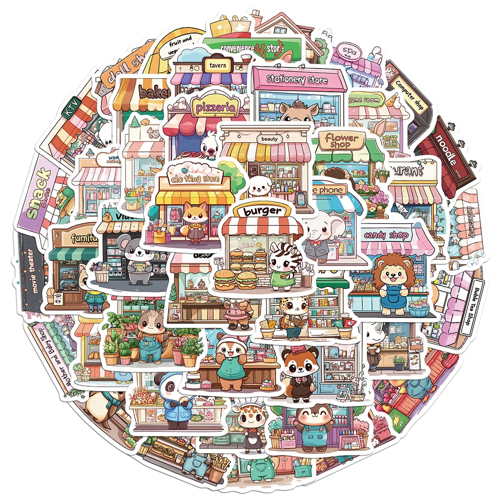 10/30/50pcs Simpatici Animali Negozio Serie Adesivi Del Fumetto Divertente Creativo Graffiti Adesivo FAI DA TE Bottiglia di Acqua Frigo Telefono Decalcomanie giocattoli
