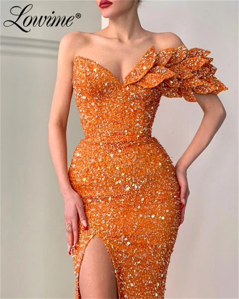 Elegant Mermaid Orange Prom Dresses Customized One Shoulder 3D Leaf Engagement Gowns Party Dresses High Split Side Evening Dress