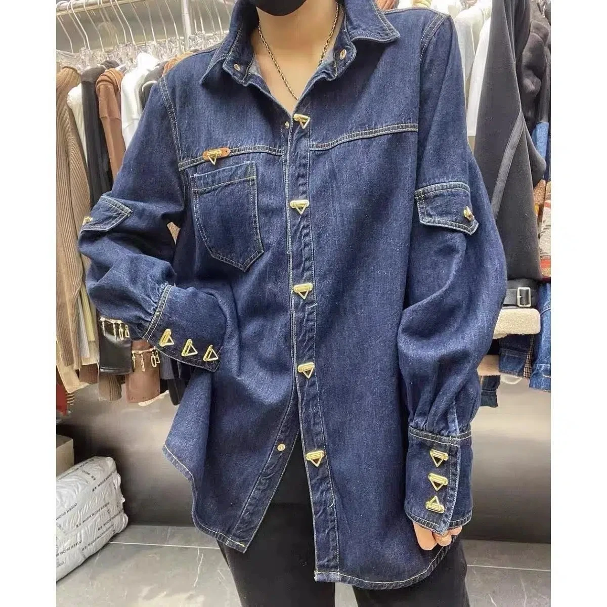 Casualowy wzór Jean bluzki damskie pojedyncze piersi kieszeń Vintage jeansowe koszule nowa wiosna jesień myte moda Blusas Mujer