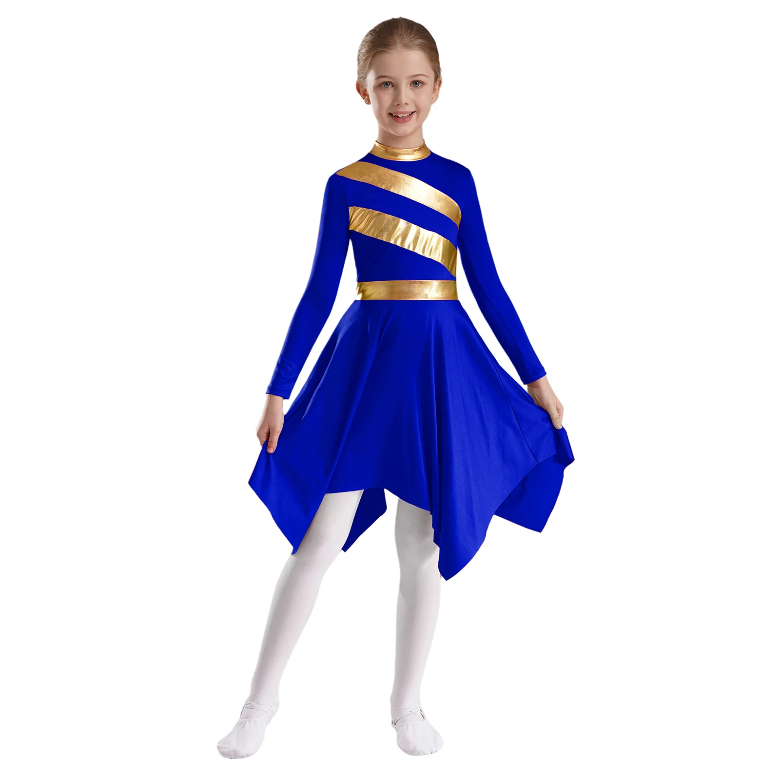 

Kids Girls Praise Worship Dance Dress Long Sleeve Metallic Contrast Color Patchwork Dresses Modern Lyrical Dancewear Party Dress