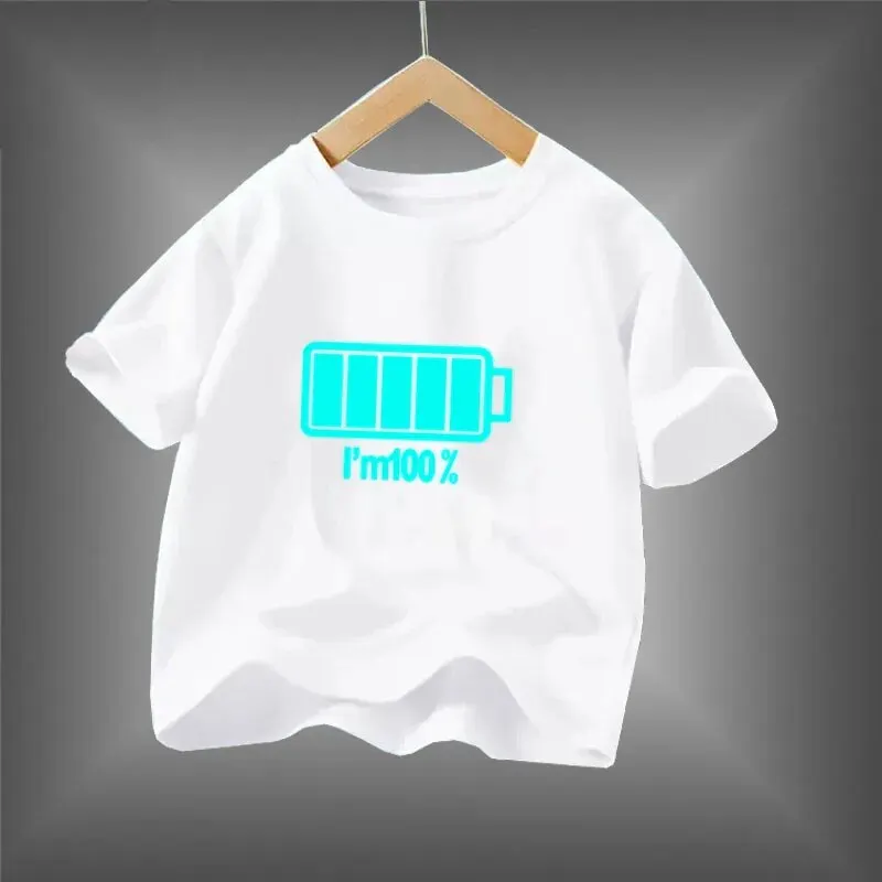 2024 New Boys Luminous Battery T Shirts Summer Short Sleeve Children's Clothes Kids Glow In Dark Tees