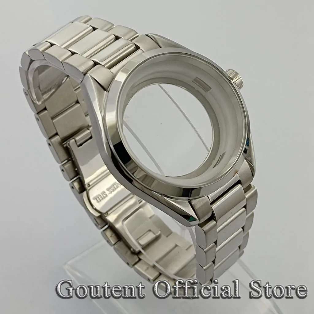 Goutent 41mm Silver Polished/Brushed Watch Case Strap Fit NH35 NH36 NH34 ETA 2836,Mingzhu DG2813/3804,Miyota 8205/8215 Movement