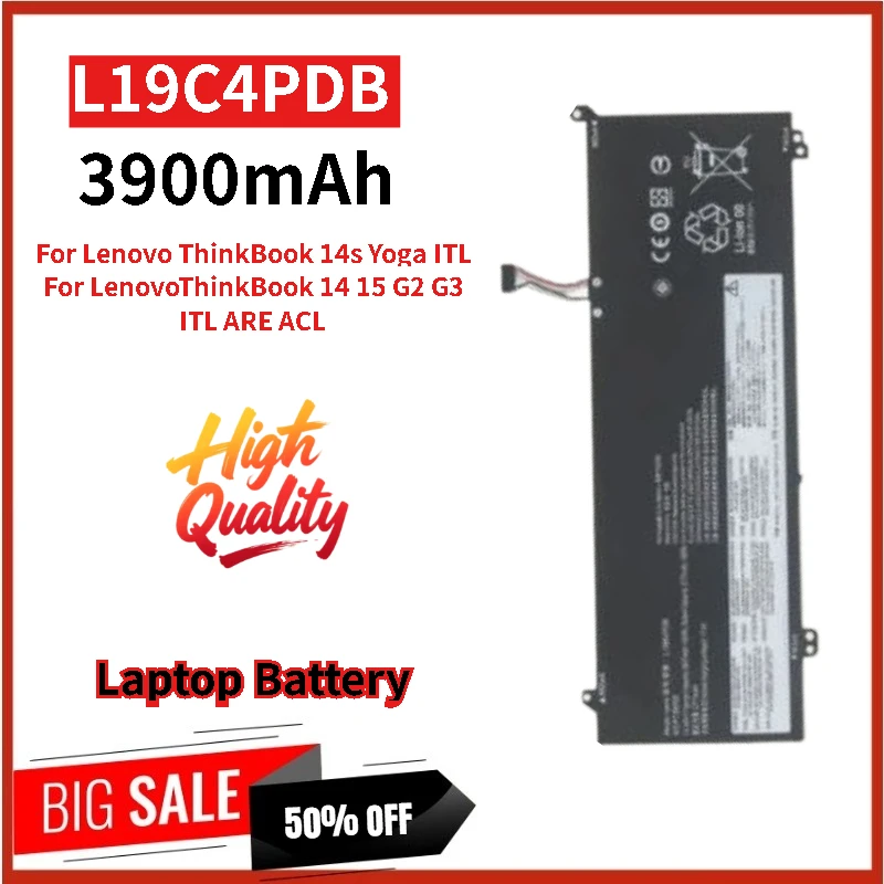 New L19C4PDB Laptop Battery 15.36V 60Wh 3900mAh For Lenovo ThinkBook 14s Yoga ITL and ThinkBook 14 15 G2 G3 ITL ARE ACL Sereis
