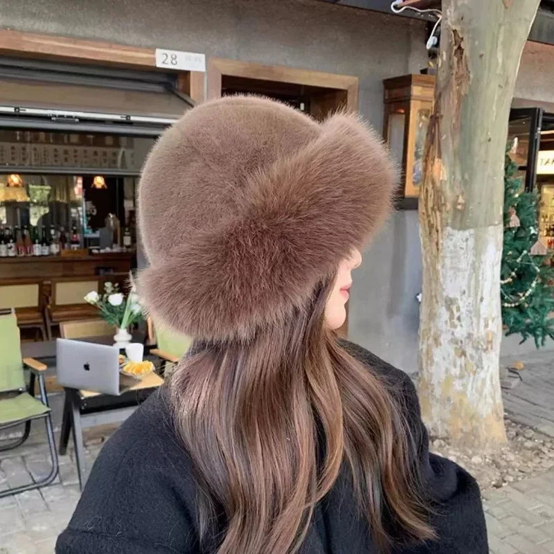 Winter Faux Mink Fur Ear Protection Hat Panama Cap Mongolian Hat for Women, Water Bucket Plush Basin Hat Simple Solid Color