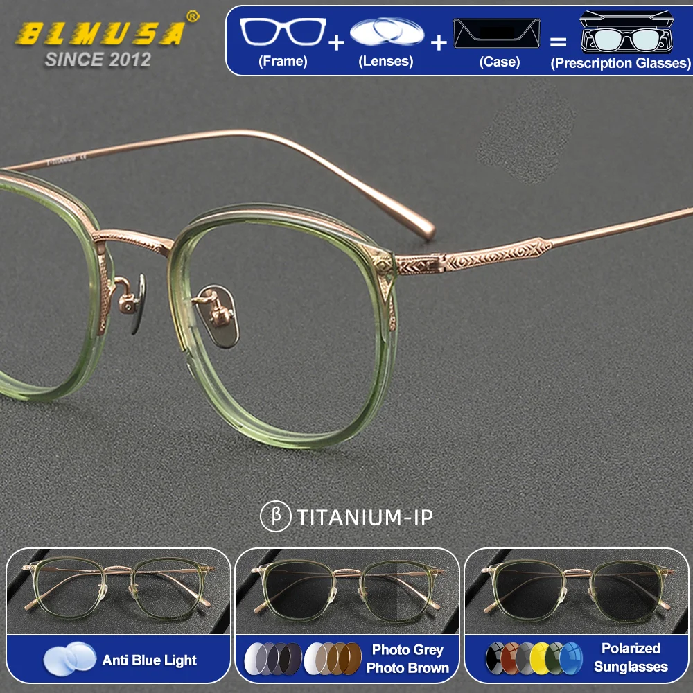 

BLMUSA (S) High Quality Men Pure Titanium Reading Prescription Glasses Handmade Acetate Design Frame Optical Myopia Eyeglasses