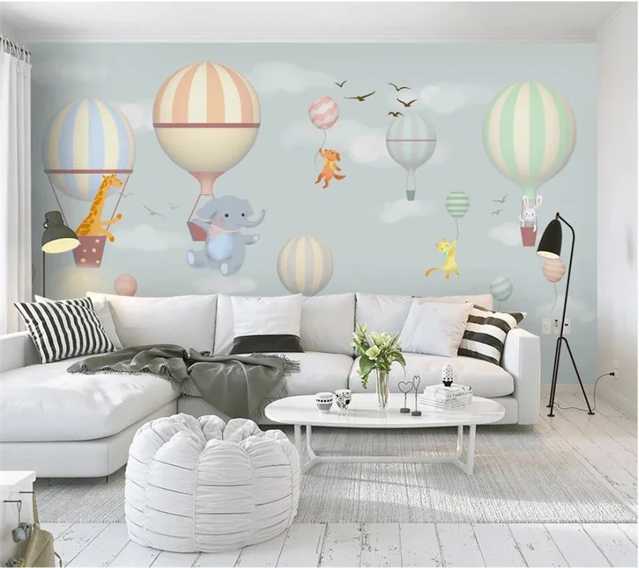 Custom Behang 3d Papel De Parede Heteluchtballon Olifant Konijn Handgeschilderde Sneeuwvlok Cartoon Kinderkamer 3d Behang