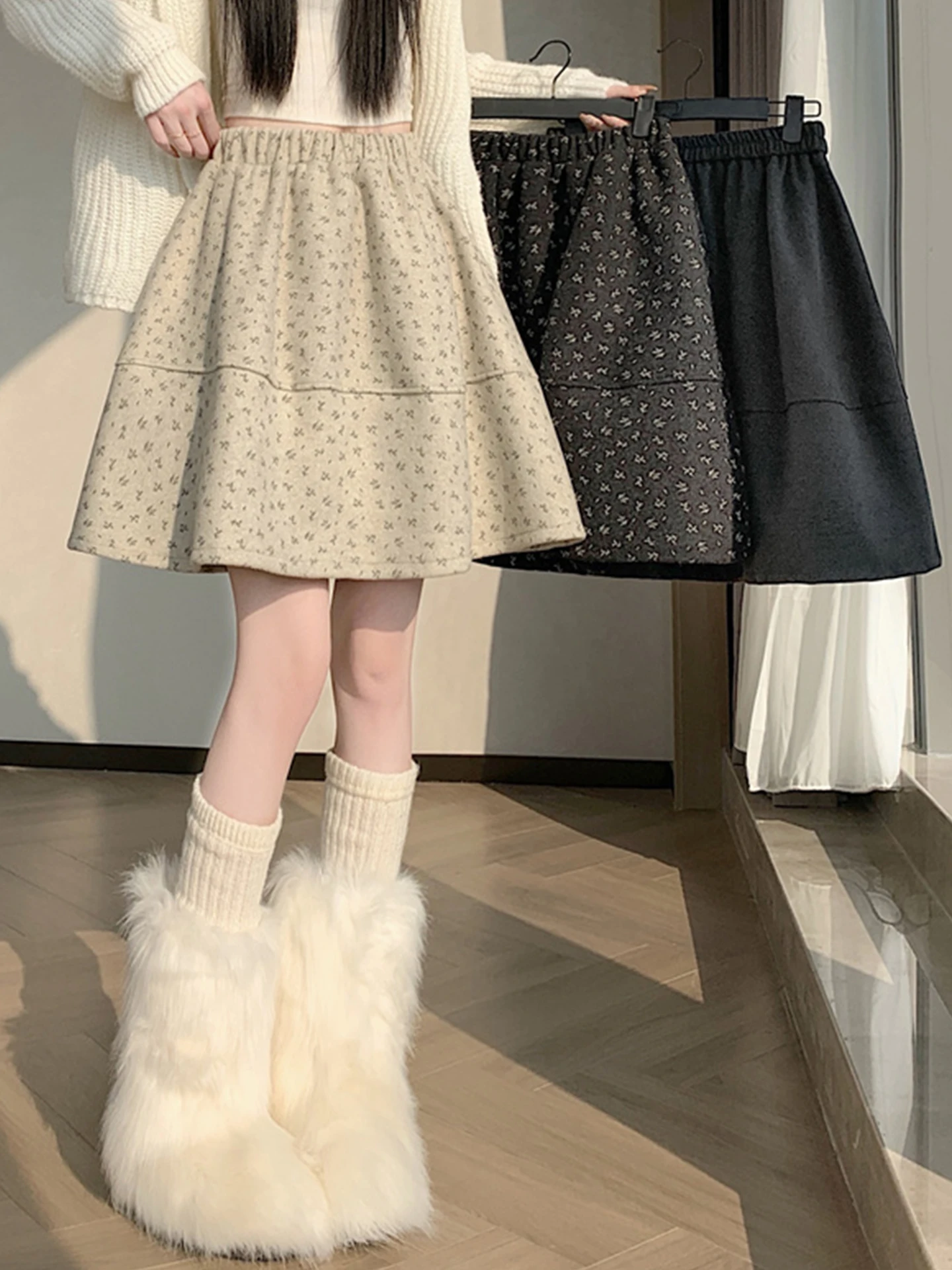 A-lijn rok met hoge taille, bloemenverfraaide wolmixstof, lente herfst winterseizoen, damesfaion