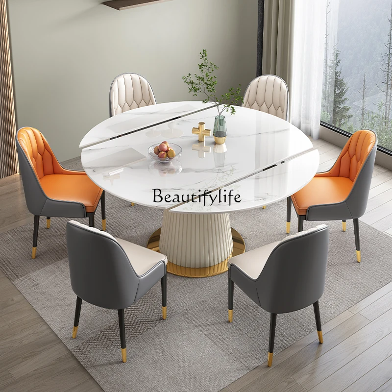 

Cream wind rock slab dining table Modern simple telescopic folding square and round dual-purpose table