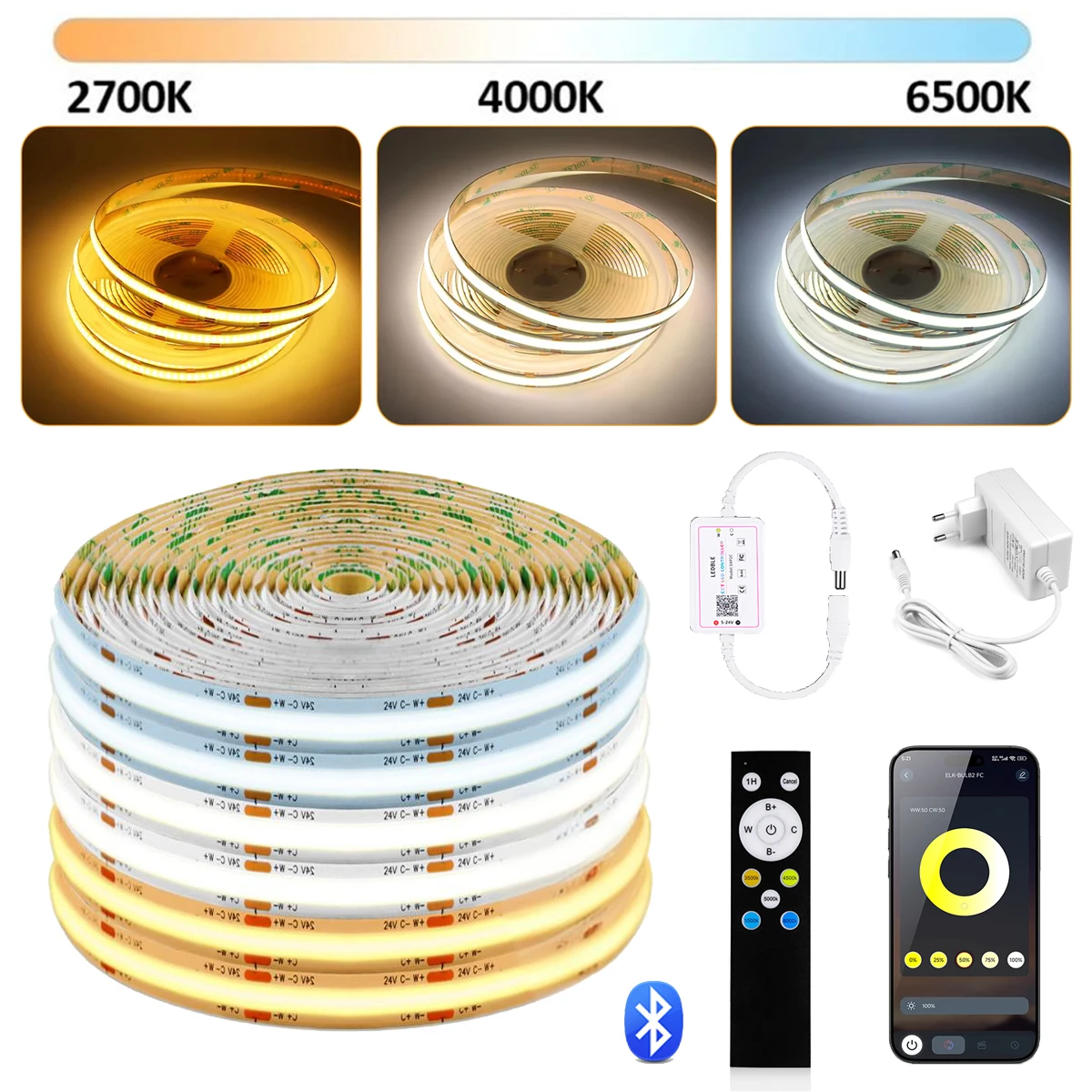 Hight Brightness 576LEDs/M COB LED Strip Light CCT 2700K-6500K Color Temperature Changeable Dimmable 24V Bluetooth/RF Control