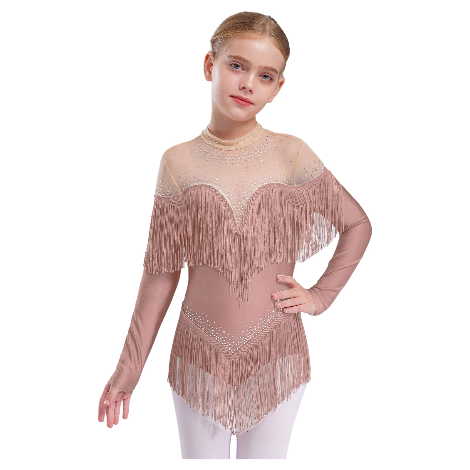 

Kids Girls Figure Skating Leotard Tango Latin Dance Dress Long Sleeve Mesh Patchwork Shiny Rhinestones Tassel Skirted Bodysuit