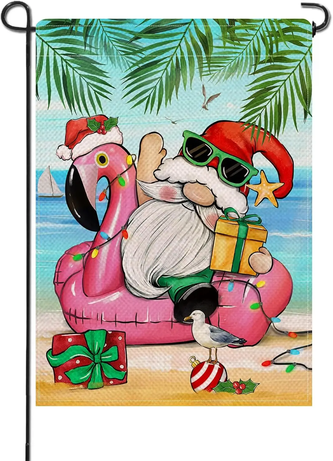 Artofy Beach Santa Claus Small Decorative Garden Flag, Christmas Xmas Flamingo Swim Ring Coastal Yard Lawn Outside Decor, Na jjp