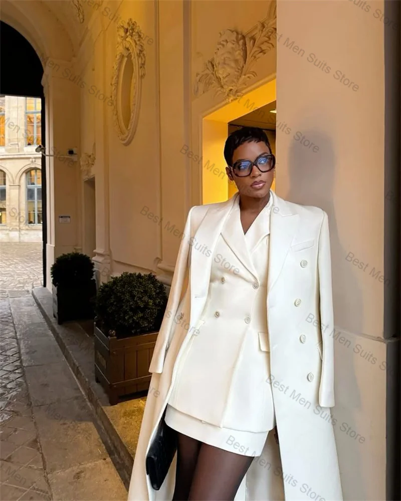 Weißes Damen-Anzugrock-Set, 3-teilig, langer Mantel + Blazer + Ballkleid, formelle Bürojacke, maßgeschneiderter Hochzeits-Smoking-Baumwollmantel