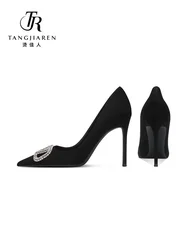 French style black high heels for women with slim heels 2024 new comfortable suede pointed sexy rhinestone V-button single shoes