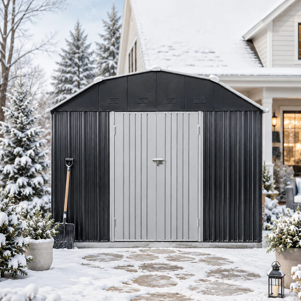 10 ft x 12 ft Outdoor Metal Storage Shed with Arch Roof with Lockable Doors for Backyard Garden Patio Lawn, Black