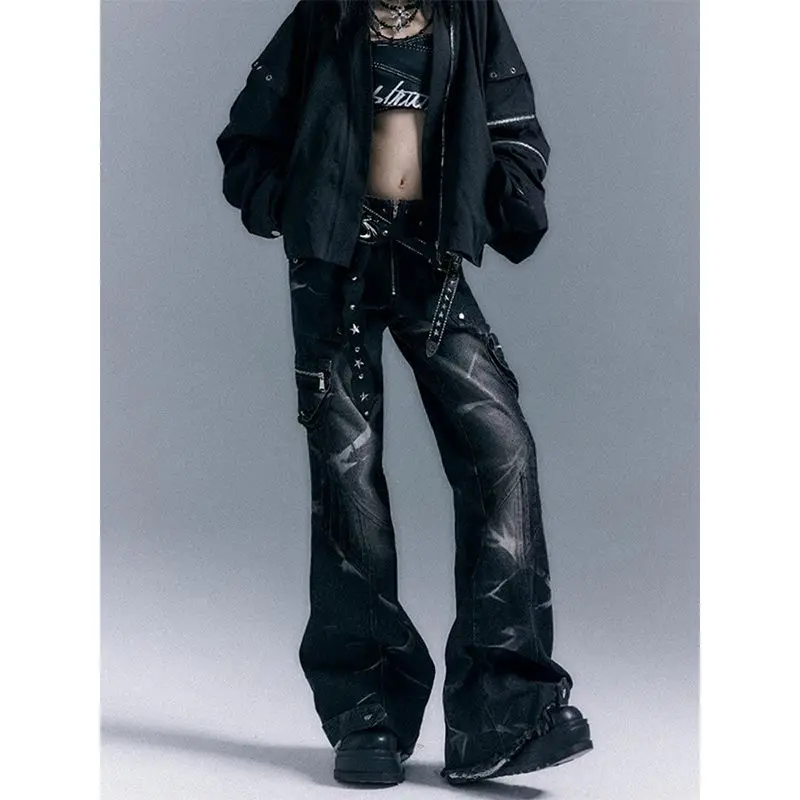 Gothic Punk Grunge Jeans Women Streetwear Low Waist Flare Denim Pants Vintage Rock Trouser Pocket Zipper Baggy Jeans Trendy